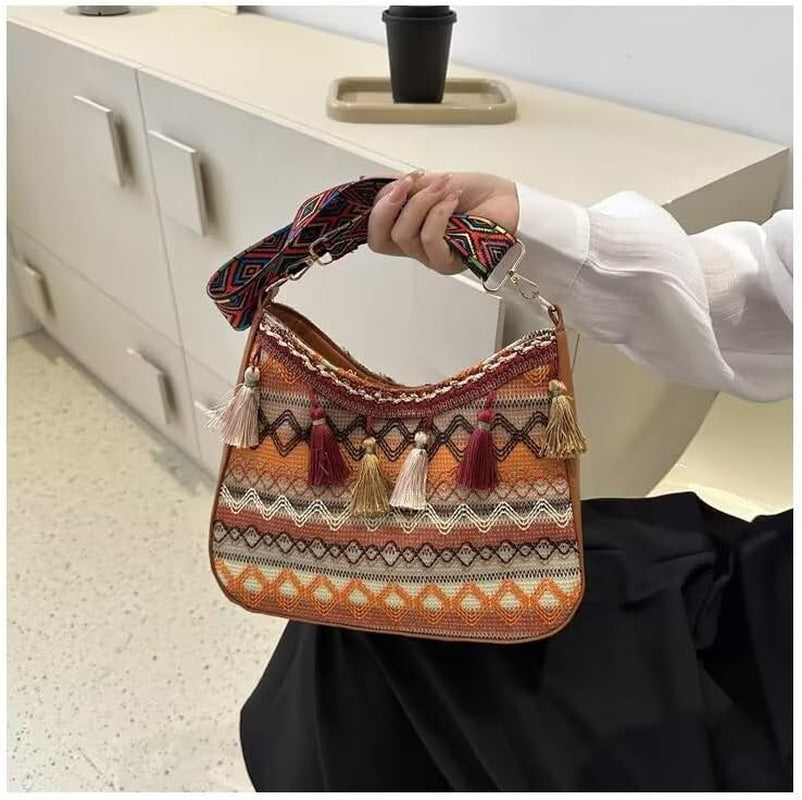 Boho Sac À Main À Pompons Ethnique Motif Aztèque Orange Marron, Orange/Marron