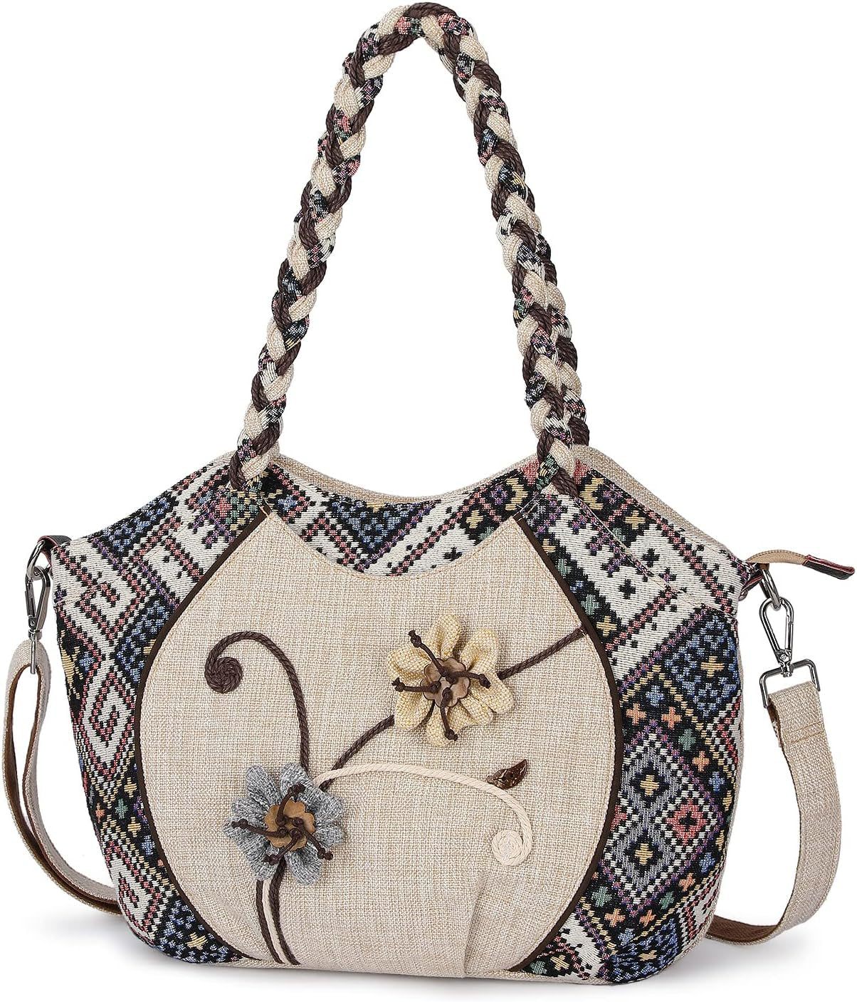 Sac À Bandoulière Ethnique Boho, Sac Fourre-Tout En Toile Pour Femme Avec Bandoulière Longue Réglable. Sac De Boulette De Grande Capacité De Fleurs Brodées Vintage Pour Femmes Et Filles