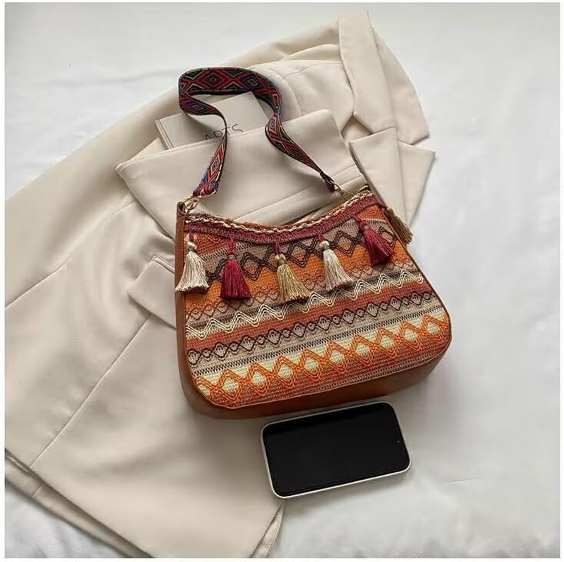 Boho Sac À Main À Pompons Ethnique Motif Aztèque Orange Marron, Orange/Marron