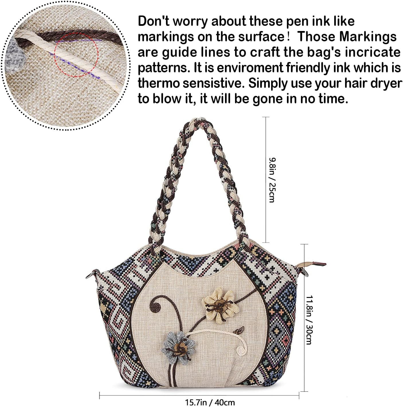 Sac À Bandoulière Ethnique Boho, Sac Fourre-Tout En Toile Pour Femme Avec Bandoulière Longue Réglable. Sac De Boulette De Grande Capacité De Fleurs Brodées Vintage Pour Femmes Et Filles