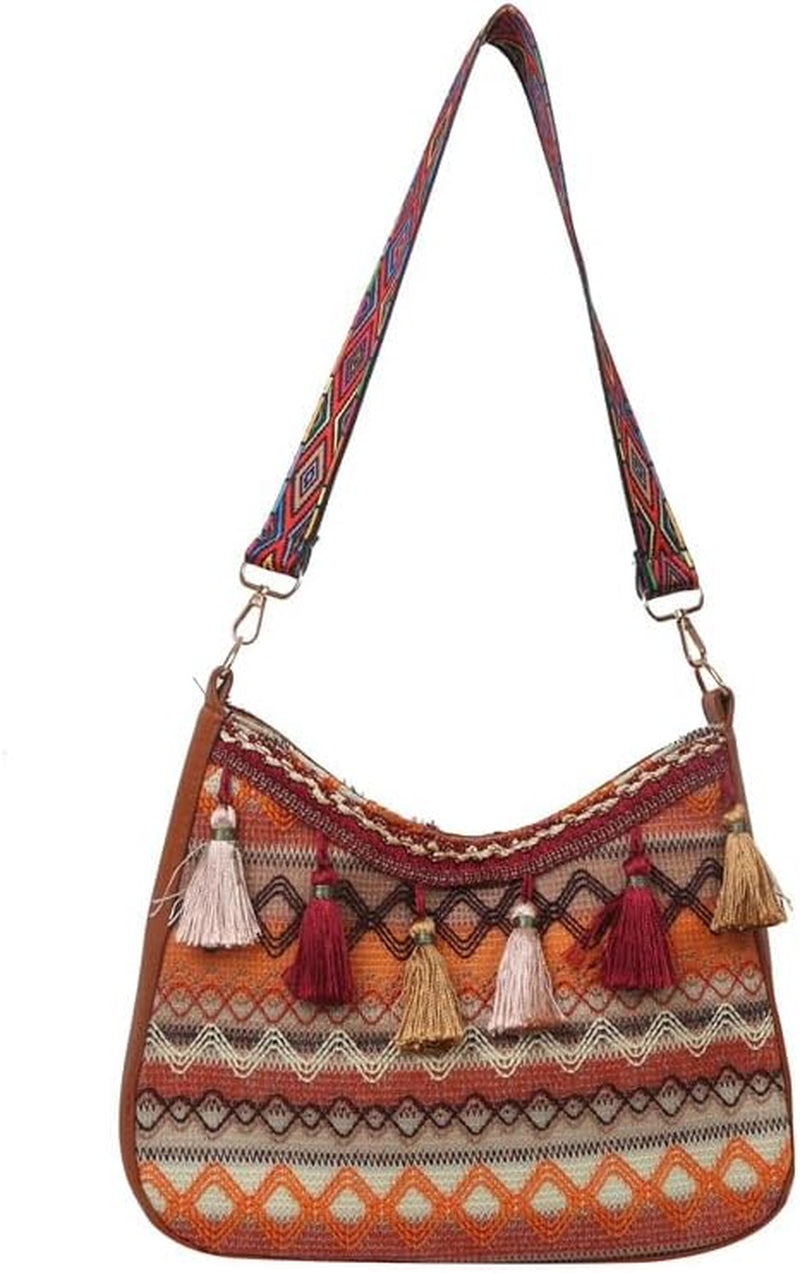 Boho Sac À Main À Pompons Ethnique Motif Aztèque Orange Marron, Orange/Marron