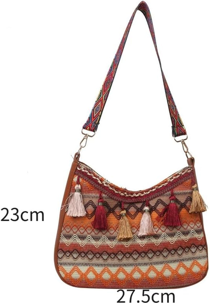 Boho Sac À Main À Pompons Ethnique Motif Aztèque Orange Marron, Orange/Marron