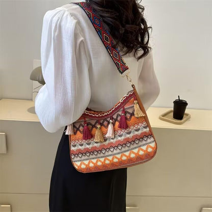 Boho Sac À Main À Pompons Ethnique Motif Aztèque Orange Marron, Orange/Marron