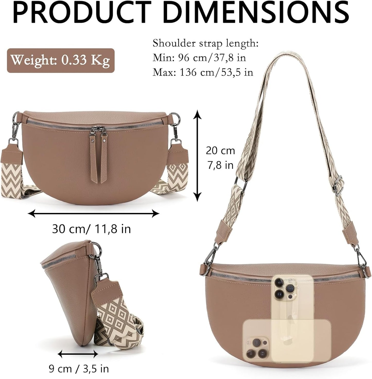 30X20Cm Sac Banane Femme Grand Sac Bandoulière Femme Sacs Bandouliere Cuir Vegan Sacoche Élégante Cadeau Avec Sangle Large Pekannuss