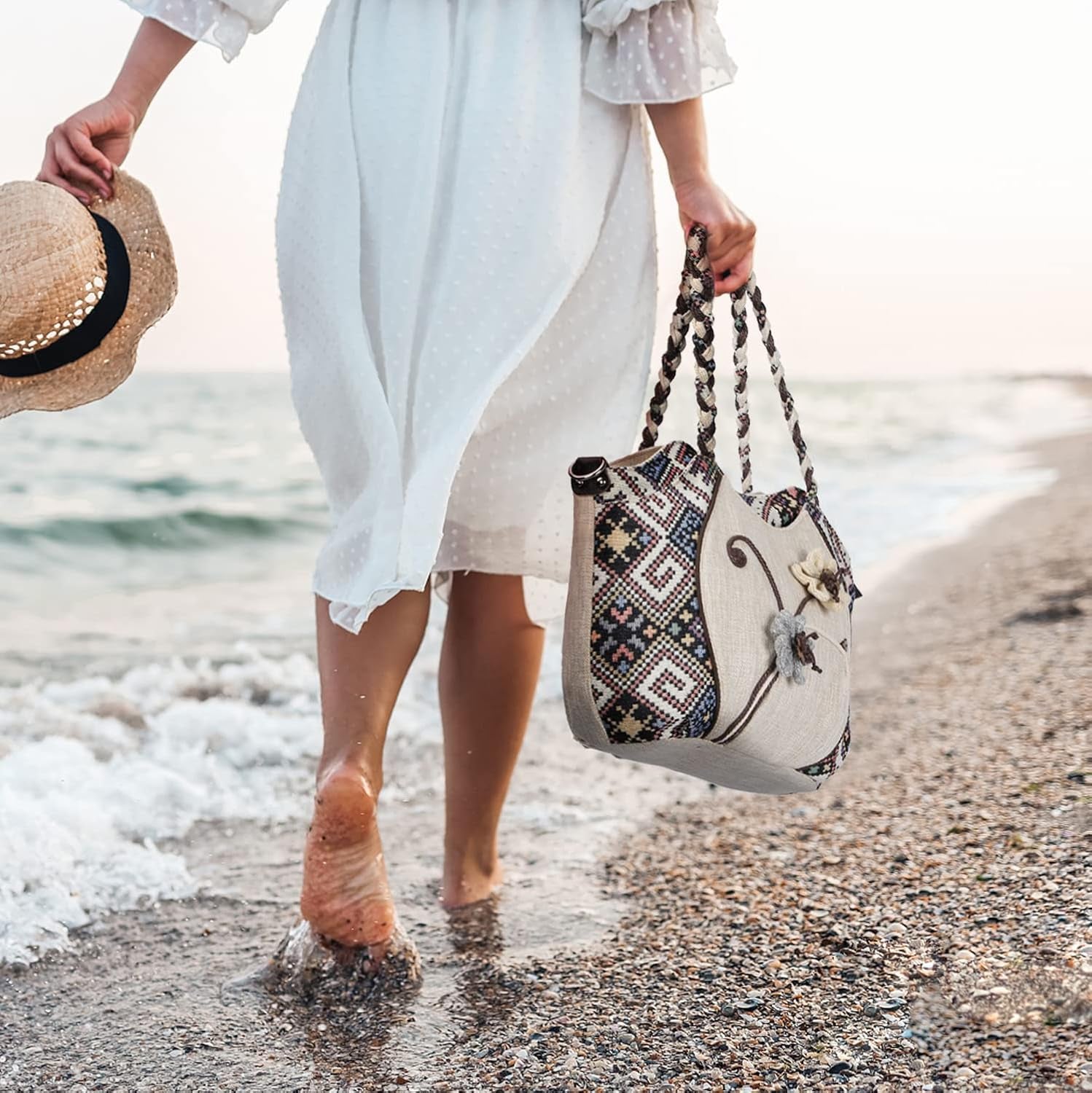 Sac À Bandoulière Ethnique Boho, Sac Fourre-Tout En Toile Pour Femme Avec Bandoulière Longue Réglable. Sac De Boulette De Grande Capacité De Fleurs Brodées Vintage Pour Femmes Et Filles